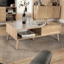 FORGEVIO Coffee Table Rattan Front Drawer Open Shelf Solid Wooden Legs Home in Brown - thumbnail 3