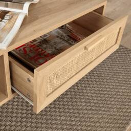 FORGEVIO Coffee Table Rattan Front Drawer Open Shelf Solid Wooden Legs Home in Brown - thumbnail 4