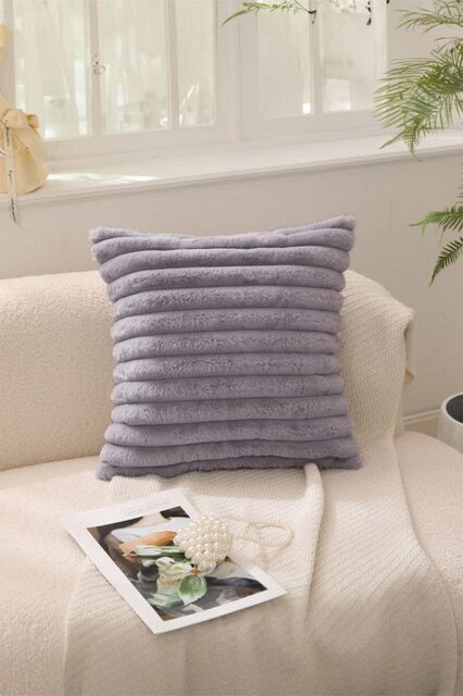 Living and Home 45x45cm Brushed Fabric Cushion Fluffy Striped Throw Pillow in Grey - Size: 45x45 cm - image 1