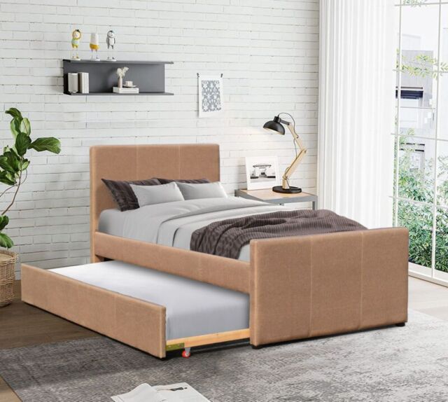 Comfy Living Ltd 3ft Single Fabric Bed Frame With Trundle Bed in Brown - image 1