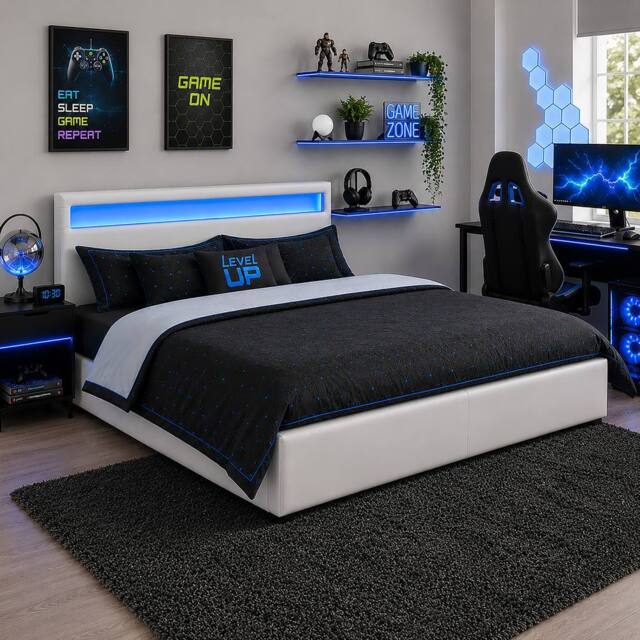 Harmin LED Gaming Ottoman Bed 4ft6 Double White Storage Bed Frame - Size: EU Double - image 1