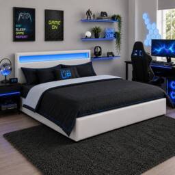 Harmin LED Gaming Ottoman Bed 4ft6 Double White Storage Bed Frame - Size: EU Double - thumbnail 1