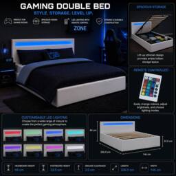 Harmin LED Gaming Ottoman Bed 4ft6 Double White Storage Bed Frame - Size: EU Double - thumbnail 2