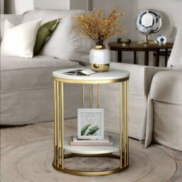 Pirlo Plush 2 Tier Round Faux Marble Accent Coffee Side Table in Gold
