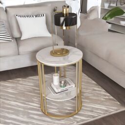 Pirlo Plush 2 Tier Round Faux Marble Accent Coffee Side Table in Gold - thumbnail 3