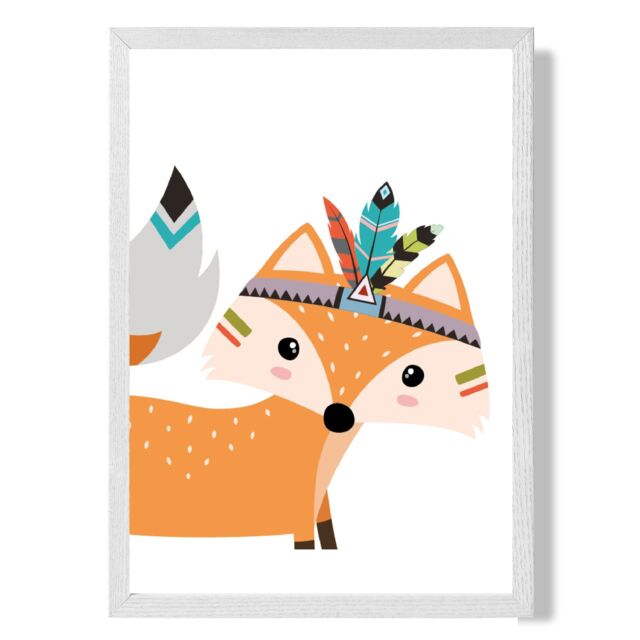 ARTZE Peeking Orange Fox Tribal Animal Framed Print SIZE: A2 with White Frame - Size: A4 - image 1