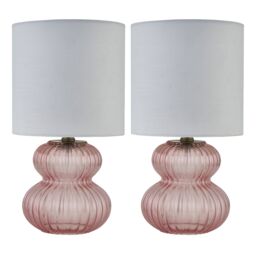 First Choice Lighting Walter - Set of 2 Pink Ribbed Glass 29cm Table Lamps with White Shade