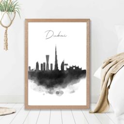 ARTZE Dubai Watercolour Skyline City Framed Print SIZE: A4 with Oak Frame in Black - thumbnail 2