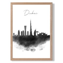 ARTZE Dubai Watercolour Skyline City Framed Print SIZE: A4 with Oak Frame in Black - thumbnail 1