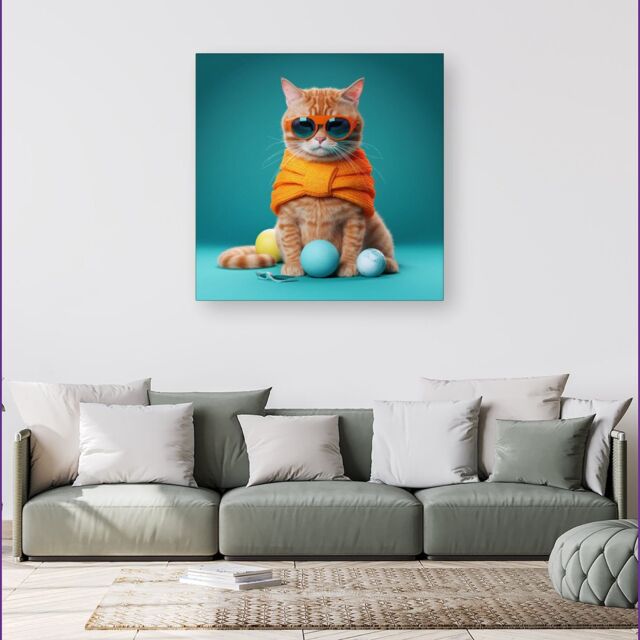 Warren Reed - Designer Cat In Glasses With Balls Of Wool Canvas - Size: w40 inch x h40 inch - image 1