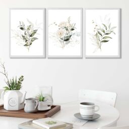 ARTZE White & Green Floral Bouquets Set of 3 Wall Art Prints with White Frame. Size: A3 in Dark Olive - Size: A4 - thumbnail 1