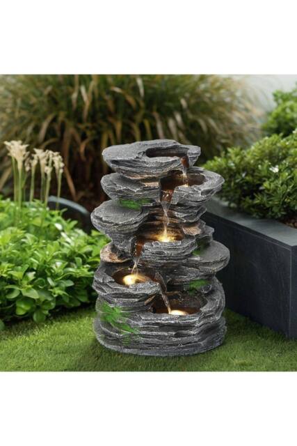 H&O Direct 48.5cm H Outdoor Rockery Solar-Powered Water Fountain Decor in Natural