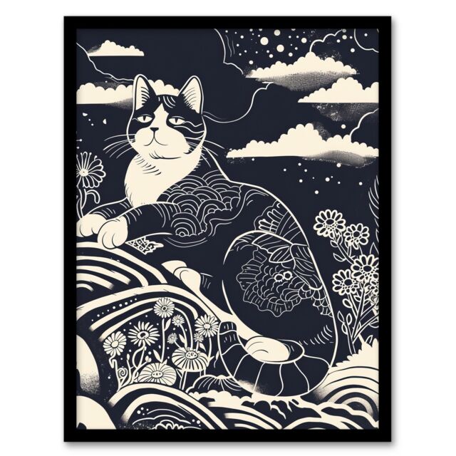 Artery8 Abstract Zen Black & White Cat in Flowers Magic Framed Art Print - Size: A4 - image 1