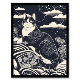 Artery8 Abstract Zen Black & White Cat in Flowers Magic Framed Art Print - Size: A4 - thumbnail 1