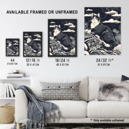 Artery8 Abstract Zen Black & White Cat in Flowers Magic Framed Art Print - Size: A4 - thumbnail 3