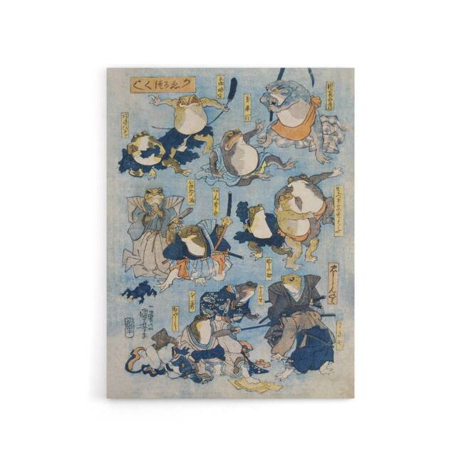 "Artery8 Kabuki Famous Heroes Played by Frogs Kuniyoshi Canvas Wall Art in Blue - Size: W18"" x H24""" - image 1