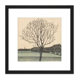 Artery8 Julie De Graag Kale Boom Lone Tree Field Woodcut 8X8 Inch Square Wooden Framed Wall Art Print Picture with Mount in Black - thumbnail 1