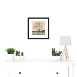 Artery8 Julie De Graag Kale Boom Lone Tree Field Woodcut 8X8 Inch Square Wooden Framed Wall Art Print Picture with Mount in Black - thumbnail 2