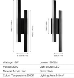 COMELY LED Wall Light Indoor, 16W Modern Acrylic LED Lamp, Black, 6500K in Black - thumbnail 7