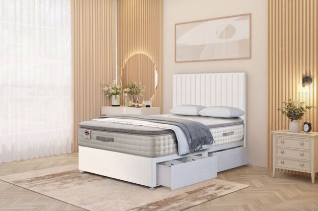 "Somnior Eleanor Plush 2 Drawer Divan Bed Set with Pillowtop & 54"" Headboard in White - Size: Small Single" - image 1