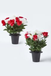 Homescapes Set of 2 Red & White Roses & Lilies Artificial Flowers in Grave Vases - thumbnail 1