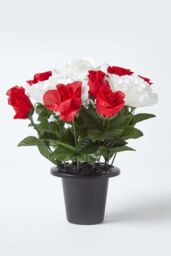 Homescapes Set of 2 Red & White Roses & Lilies Artificial Flowers in Grave Vases - thumbnail 2