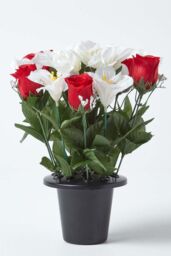 Homescapes Set of 2 Red & White Roses & Lilies Artificial Flowers in Grave Vases - thumbnail 3