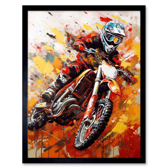 "Artery8 Wall Art Print Motocross Race Motorcycle Sport Oil Painting Art Framed in Black - Size: W12"" x H16""" - image 1