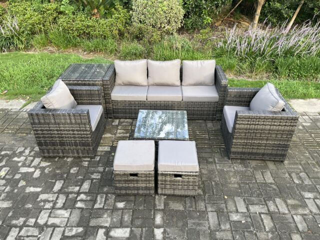 Fimous Wicker 7 Pieces Rattan Garden Furniture Sofa Set with Armchair Side Table Square Coffee Table 2 Small Footstools in Dark Grey - image 1