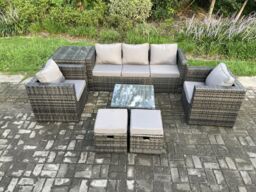 Fimous Wicker 7 Pieces Rattan Garden Furniture Sofa Set with Armchair Side Table Square Coffee Table 2 Small Footstools in Dark Grey - thumbnail 2