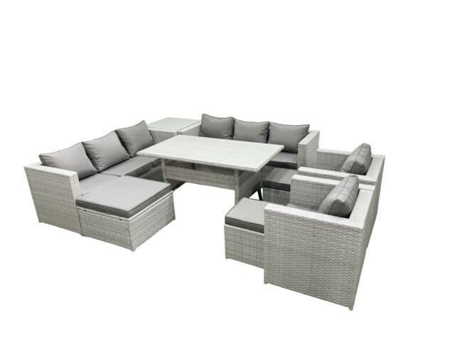 Fimous Rattan Garden Furniture Set Outdoor 8 Seater Patio Dinin g Sofa Sets with Dining Table 2 Chairs Side Table 3 Footstools Light Grey Mixed - image 1
