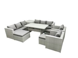 Fimous Rattan Garden Furniture Set Outdoor 8 Seater Patio Dinin g Sofa Sets with Dining Table 2 Chairs Side Table 3 Footstools Light Grey Mixed - thumbnail 2