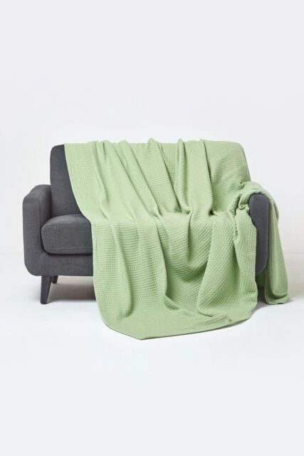 Homescapes Cotton Waffle Blanket Throw - Soft, Breathable & Skin-Friendly in Green - Size: 250 cm x 230 cm - image 1