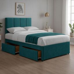 "Bed Time UK Plush Divan Bed with Mattress 20"" Vertical Line Headboard 2 Drawers in Teal - Size: Super King" - thumbnail 1
