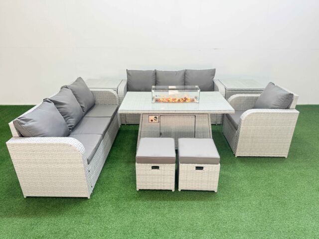 Fimous 9 Seater Poly Rattan Outdoor Garden Furniture Firepit Dining Table Sofa Set Patio 3 Seater Sofa Reclining Chair 3 Seater Sofa Stools 2 Side - image 1