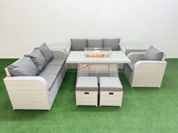 Fimous 9 Seater Poly Rattan Outdoor Garden Furniture Firepit Dining Table Sofa Set Patio 3 Seater Sofa Reclining Chair 3 Seater Sofa Stools 2 Side - thumbnail 1