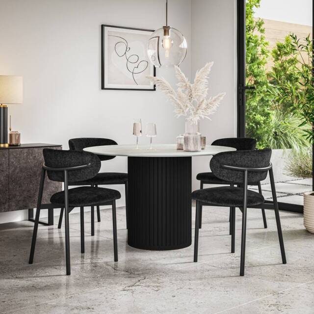 More4Homes Arlo White Marble Table Top W Black Legs + Myla Linen Dining Chair Set Of 6 - image 1