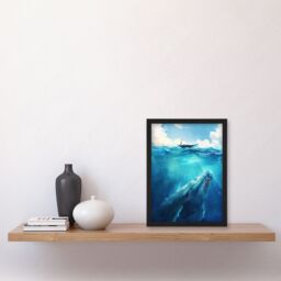 Artery8 Whale Under Boat Oil Painting Sea Animal Framed Art Print in Blue - Size: A4 - thumbnail 4