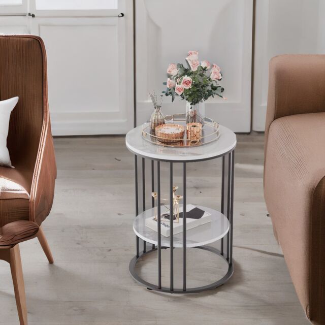 Pirlo Plush 2 Tier Round Faux Marble Side Table in Black - image 1