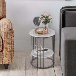 Pirlo Plush 2 Tier Round Faux Marble Side Table in Black - thumbnail 2