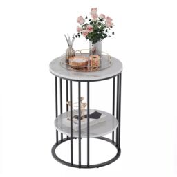 Pirlo Plush 2 Tier Round Faux Marble Side Table in Black - thumbnail 5