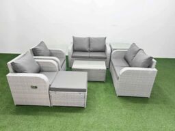 Fimous 7 Seater Outdoor Reclining Chair Love Sofa Set Rattan Garden Furniture Set with Rectangular Coffee Table Footstool Side Table Light Grey - thumbnail 1