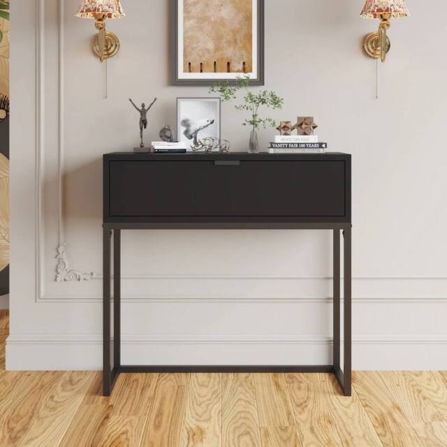 VOGREX Black Console Table MDF Top Metal Frame Drawer Storage Hallway - image 1