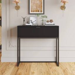 VOGREX Black Console Table MDF Top Metal Frame Drawer Storage Hallway - thumbnail 1