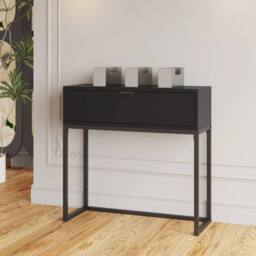 VOGREX Black Console Table MDF Top Metal Frame Drawer Storage Hallway - thumbnail 3