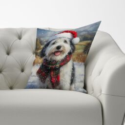 Warren Reed - Designer Snowy Christmas Old English Sheepdog Cushion in Grey - Size: 45 cm x 45 cm - thumbnail 3