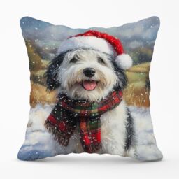 Warren Reed - Designer Snowy Christmas Old English Sheepdog Cushion in Grey - Size: 45 cm x 45 cm - thumbnail 1