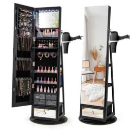 Costway 4 iN 1 Swivel Jewelry Cabinet Lockable Jewelry Armoire-Black in Black - thumbnail 3