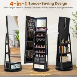 Costway 4 iN 1 Swivel Jewelry Cabinet Lockable Jewelry Armoire-Black in Black - thumbnail 6