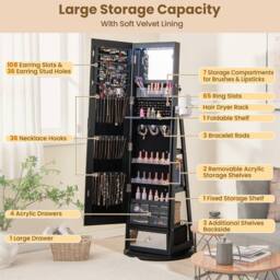 Costway 4 iN 1 Swivel Jewelry Cabinet Lockable Jewelry Armoire-Black in Black - thumbnail 8